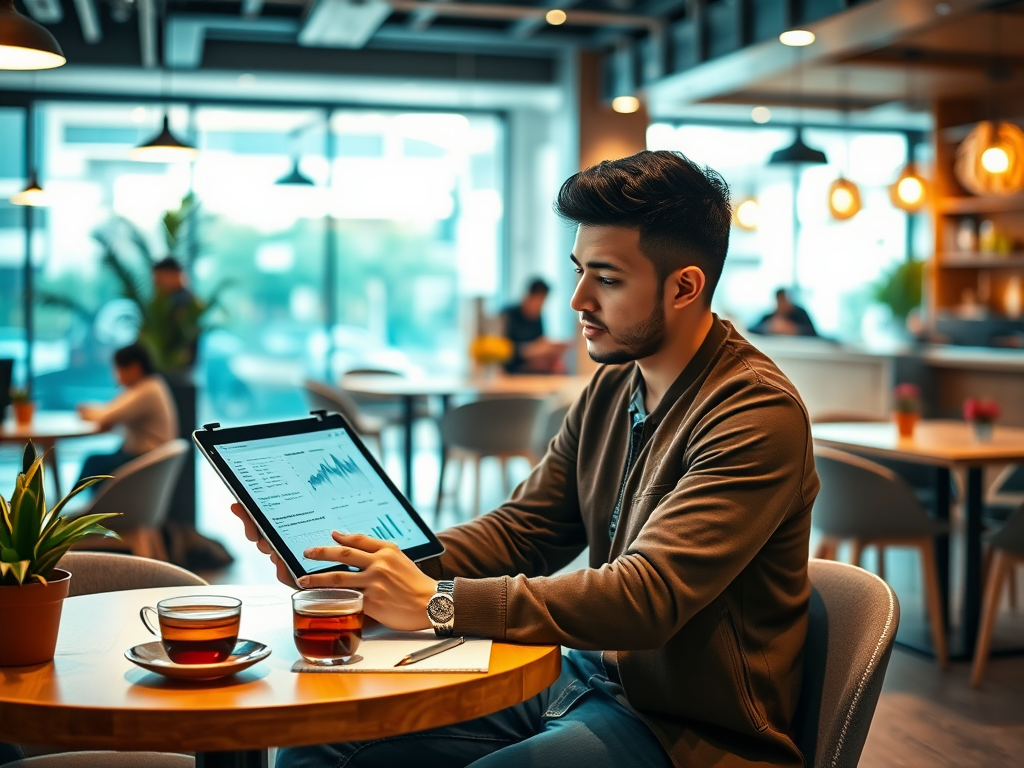 A man sits at a table in a café, analyzing data on a tablet with tea cups beside him. Bright, modern atmosphere.