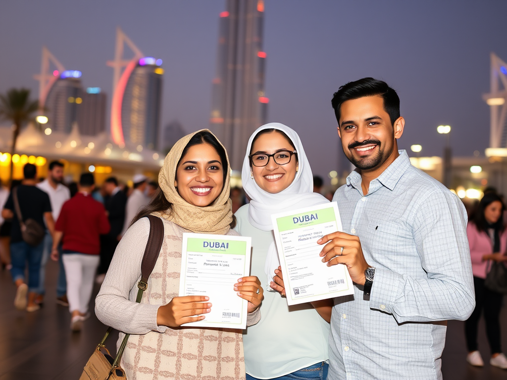 Three smiling individuals hold certificates, standing outdoors in Dubai with the city skyline lit up behind them.