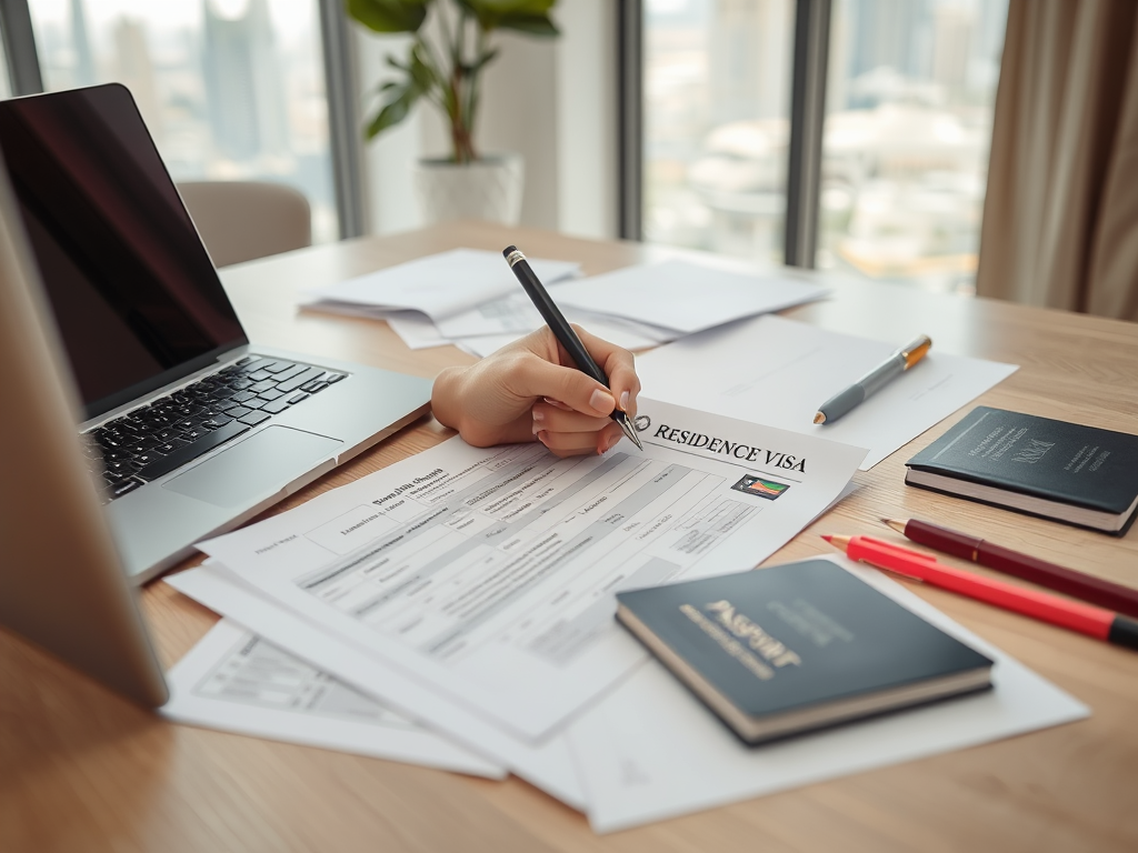 A hand fills out a residence visa form on a desk with a laptop, passports, and stationery scattered around.