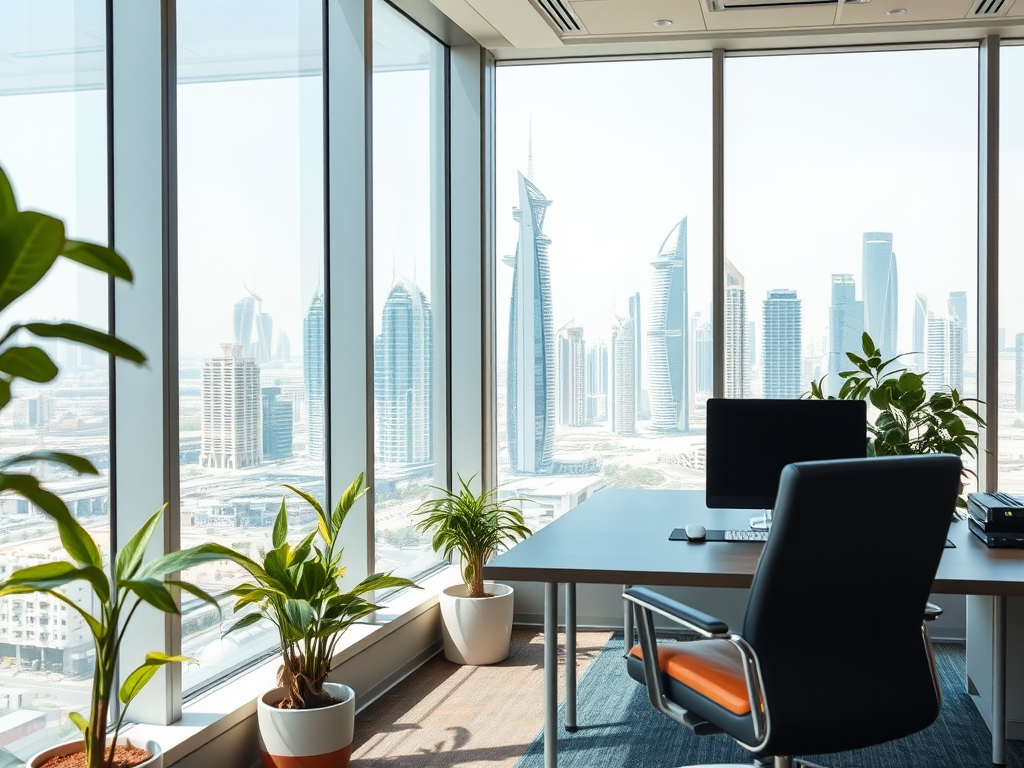 A modern office with a desk and chair, large windows showcasing a city skyline, and potted plants.