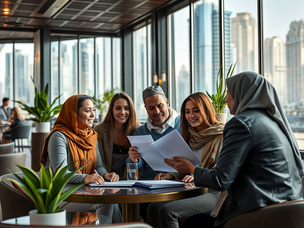 A group of five people engaged in discussion at a table in a modern café, surrounded by city skyline views.